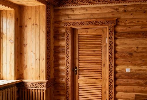 Russian-Style Interior with Carved Window Casings, Wooden Door, and Decorative Molding