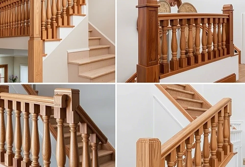 Collage of four variations of staircase railings with wooden balusters in interiors of Nizhny Novgorod, examples of architectural perfection