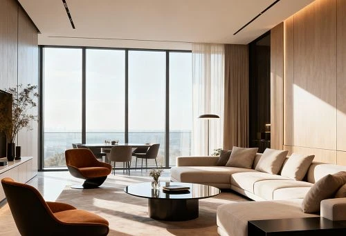 A spacious living room with panoramic windows, a beige sofa, and modern armchairs