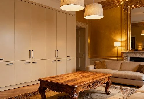 Classic living room with an oak table and stucco decor