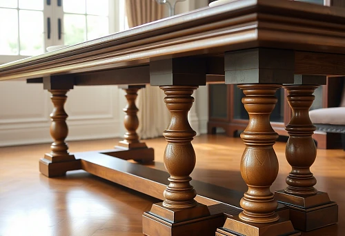 Wooden table with heavy carved balusters mounted on ornate bases
