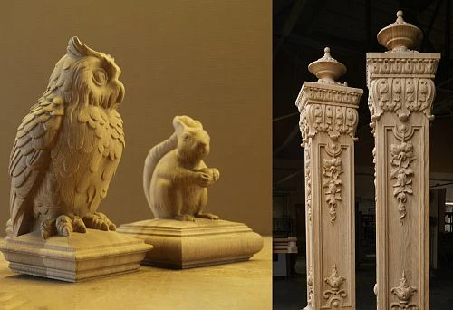 Carved balusters from solid wood with decorative elements, as well as wooden sculptures of owls and squirrels