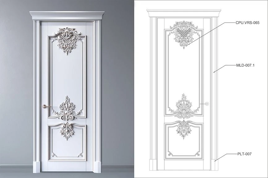 Classic carved door with luxurious moldings from STAVROS, with drawing
