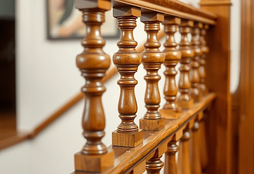 High-quality wooden balusters on staircase railings in interior, Barnaul