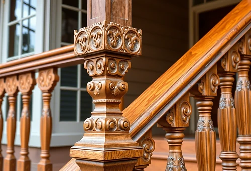 Carved wooden balusters and posts on the staircase of a house in Kaluga, architectural decoration, refined pattern