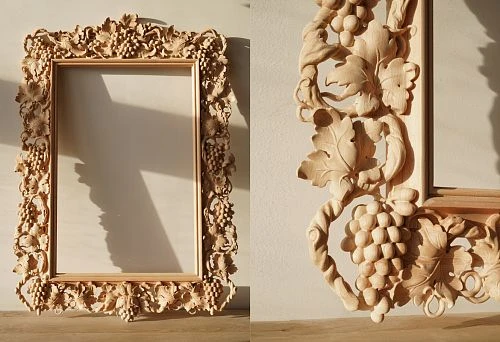 Close-up of artistic carving with grapevine elements, highlighting the uniqueness and refinement of modern furniture decoration