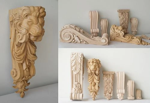 Carved Wooden Brackets and Decorative Elements with Classic Ornament