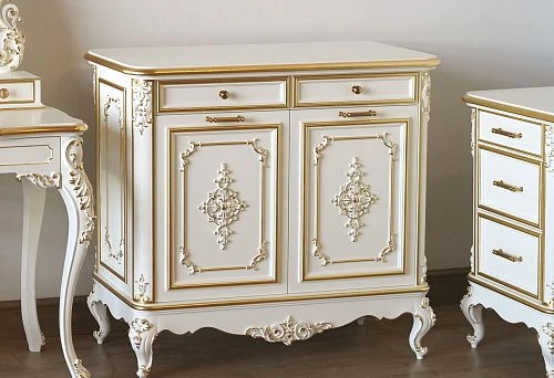 White Chest of Drawers with Gold Carving and Solid Wood Top, Classic Interior