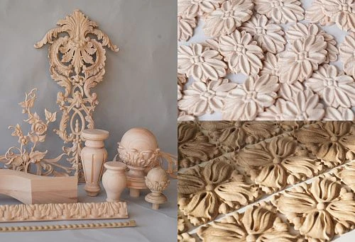 Close-up of Decorative Floral Appliqu&eacute;s Cut from Natural Wood