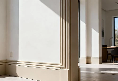 Tall Phytopolymer Skirting Boards in Modern Interiors with Clear Geometry and Emphasis on Architectural Lines
