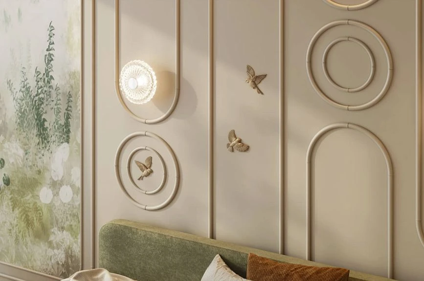 Wall decor behind the bed in a children's room with arched moldings and round Japandi elements
