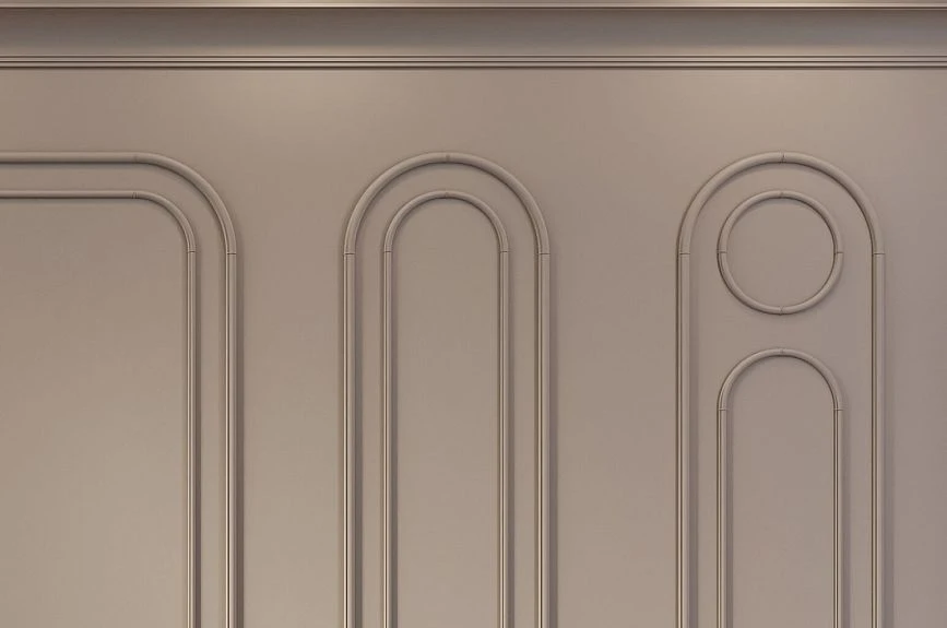 Complete wall decoration scheme with arched, vertical and round elements in Japandi style.