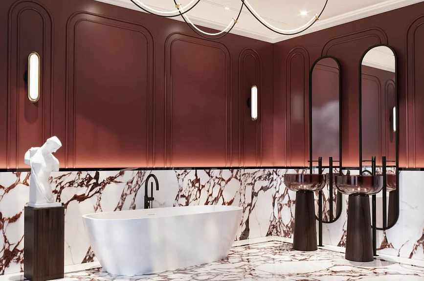 Idea for decorating Japandi INTPU-015 wall panels for a bathroom with arched moldings and marble