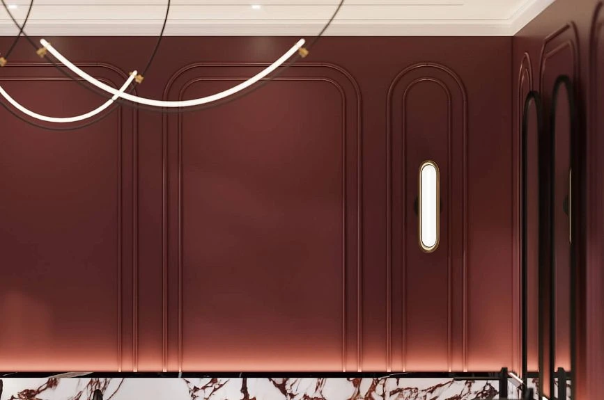Burgundy wall panels with arched moldings and backlighting in a Japandi bathroom