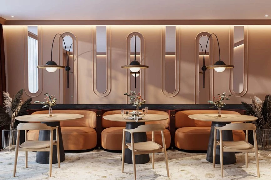 Idea for decorating wall panels Japandi INTPU-014 for a cafe with arched moldings and lighting