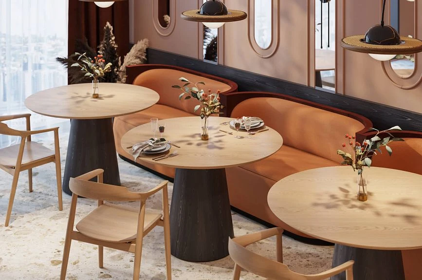Wall decor in a restaurant with arched moldings, mirrors, and warm Japandi lighting