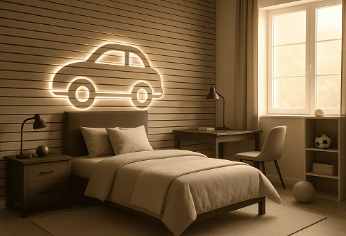 Modern bedroom with MDF decorative battens and car-shaped lighting