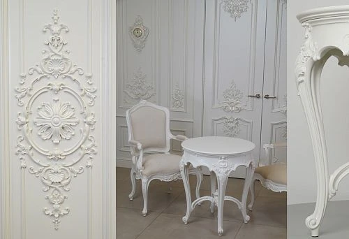 White Round Table and Elegant Upholstered Chairs in a Bright Classic Living Room
