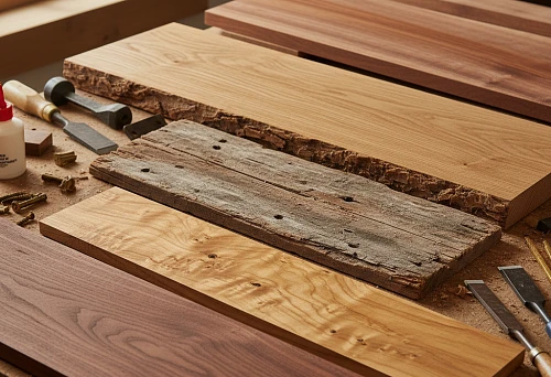 samples of wooden boards of different species &mdash; oak, beech, walnut, ash, and pine, prepared for furniture making in a workshop