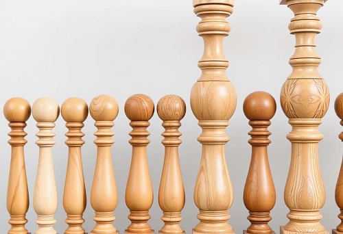 Collection of wooden posts and balusters of various shapes and sizes, an architectural symphony for stair railings