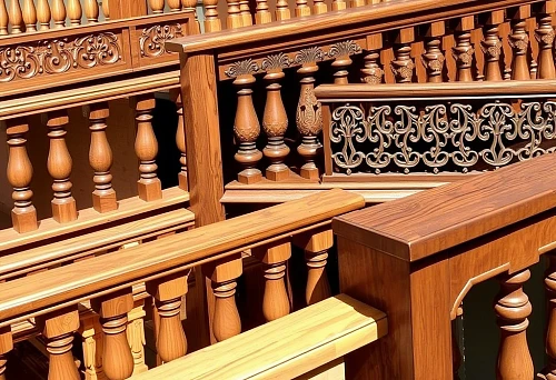 Variety of wooden balusters for staircases and balconies, classic and carved shapes, sunlight