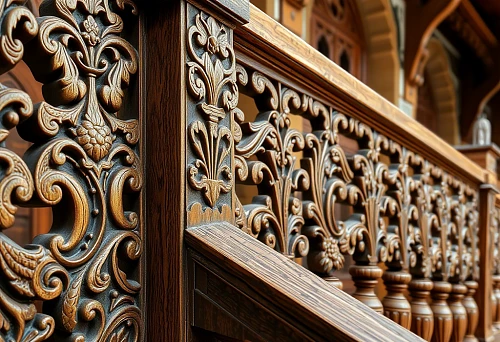 Luxurious carved wooden balustrade and railing with Orenburg ornament against traditional Ural architecture