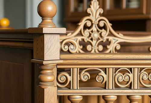 Decorative wooden balusters with intricate carving in the kitchen interior