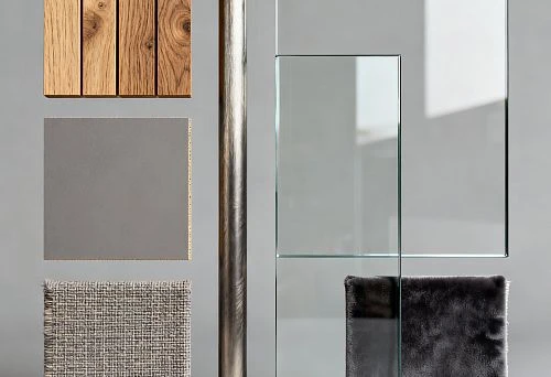 Furniture materials set: wood, metal, glass, fabric, and leather.