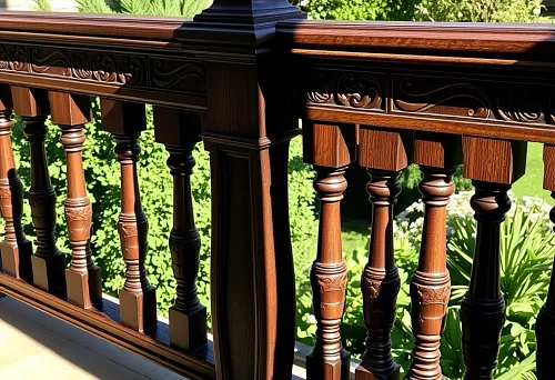Elegant wooden balusters on the terrace, carved elements, green garden, architectural decoration of Sochi