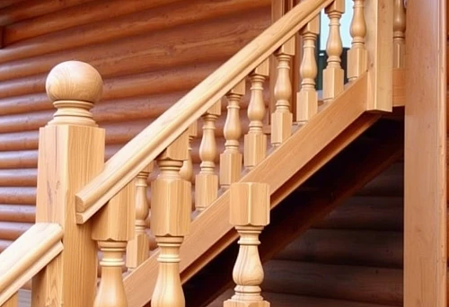 Wooden balusters on the staircase in a log house in Yaroslavl