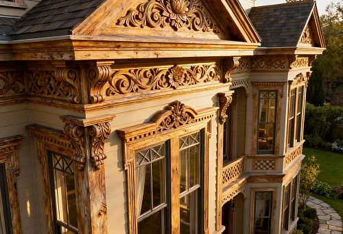 Facade of a Wooden House with Carved Gables, Window Trims, and Decorative Ornaments