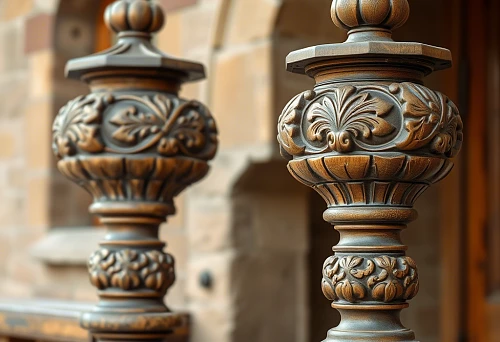 Two large Dagestani balusters with rich carving and national ornamentation against a stone facade
