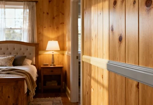 Bedroom interior with beech panels and polyurethane moldings
