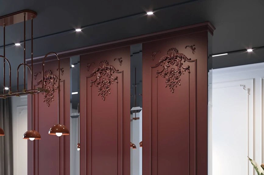 Burgundy Versailles Light wall panels with stucco decor and mirror inserts