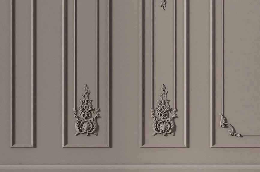 Classic wall panel decor with frames, corner elements, and overlays