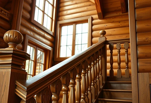 High wooden balusters on a staircase in the interior of a wooden house, architectural expressiveness, emphasis on verticality and massiveness of the railing.