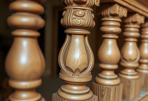 Carved wooden balusters on the staircase, close-up. Woodworking craftsmanship of Bryansk, decorative elements,
