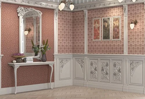 Elegant interior with wooden finish, carved panels, and refined details