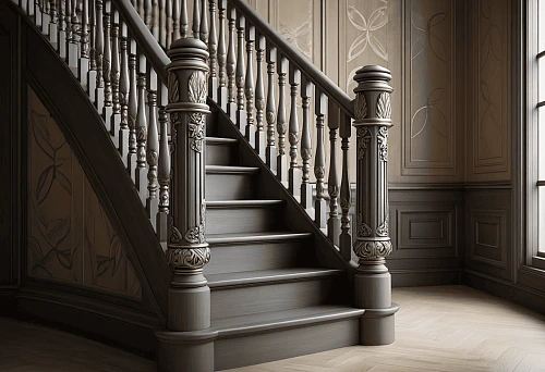 Classic Staircase with Artistically Designed Support Cabinets and Balusters, Securely Attached to the Floor and Handrails