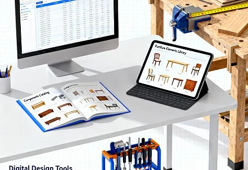 Computer screen with furniture database and element catalog