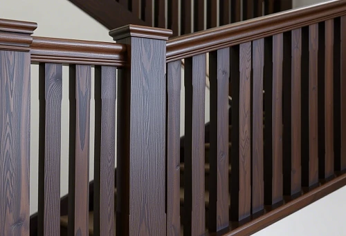 Dark wooden rectangular balusters and posts on a staircase in the interior of a Siberian home, exclusive solutions for Tyumen