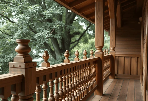Wooden balusters and columns on the veranda of a house, executed in classical style