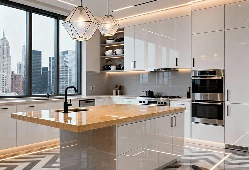 Modern kitchen with island and marble countertop in interior