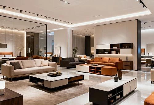Modern furniture store with sofas, tables, and wall units in interior