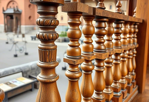 Carved wooden balusters against the backdrop of Vologda's architecture, artistic decoration and unique style