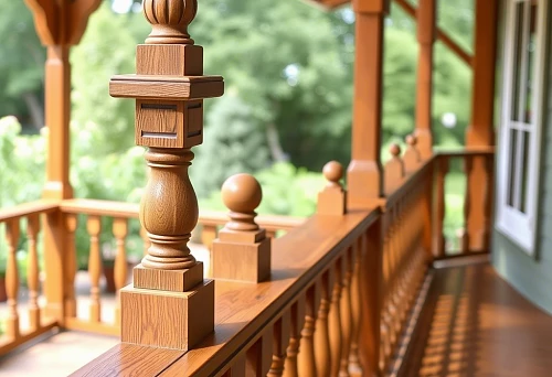 Carved wooden balusters and posts on the veranda of the house, making balusters for the terrace and architectural decoration
