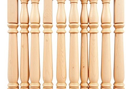 Classic square balusters made of light wood on a white background, strict geometric execution