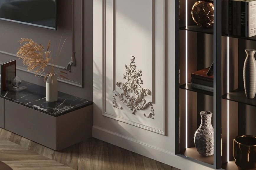 Versailles stucco decor on a wall panel next to the TV area and decorative shelving
