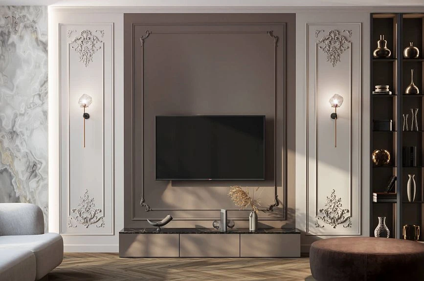 Idea for decorating Versailles INTPU-020 wall panels for the living room and TV area