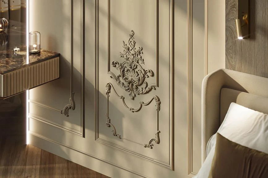 Versailles stucco decor on wall panels in the bedroom near the bed and mirror area
